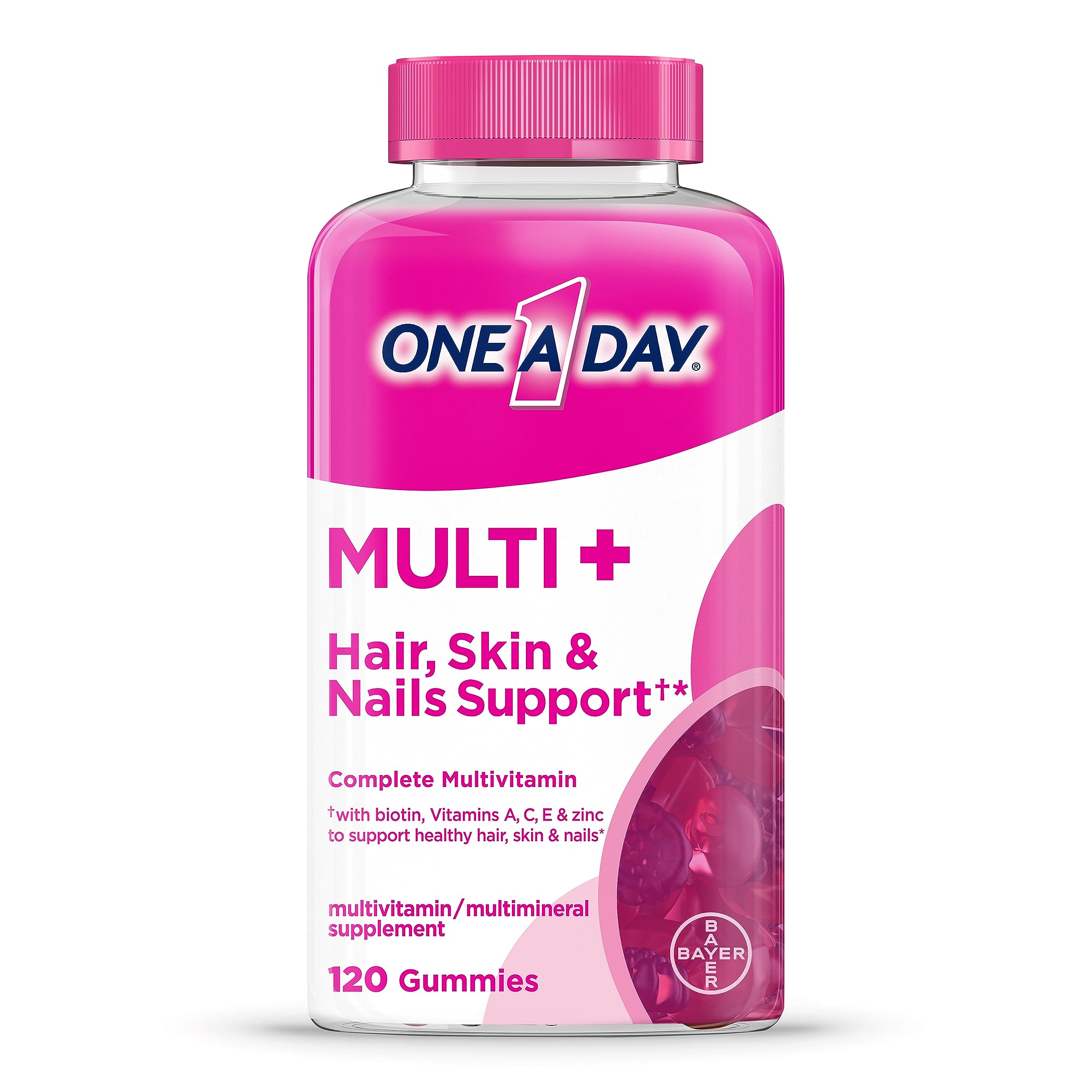 ONE A DAY Multi+ Hair, Skin & Nails, Multivitamin + Boost of Support for Healthy Hair, Skin & Nails with Biotin and Vitamins A, C, E & Zinc ,Gummy 120 Count (2 Month Supply)