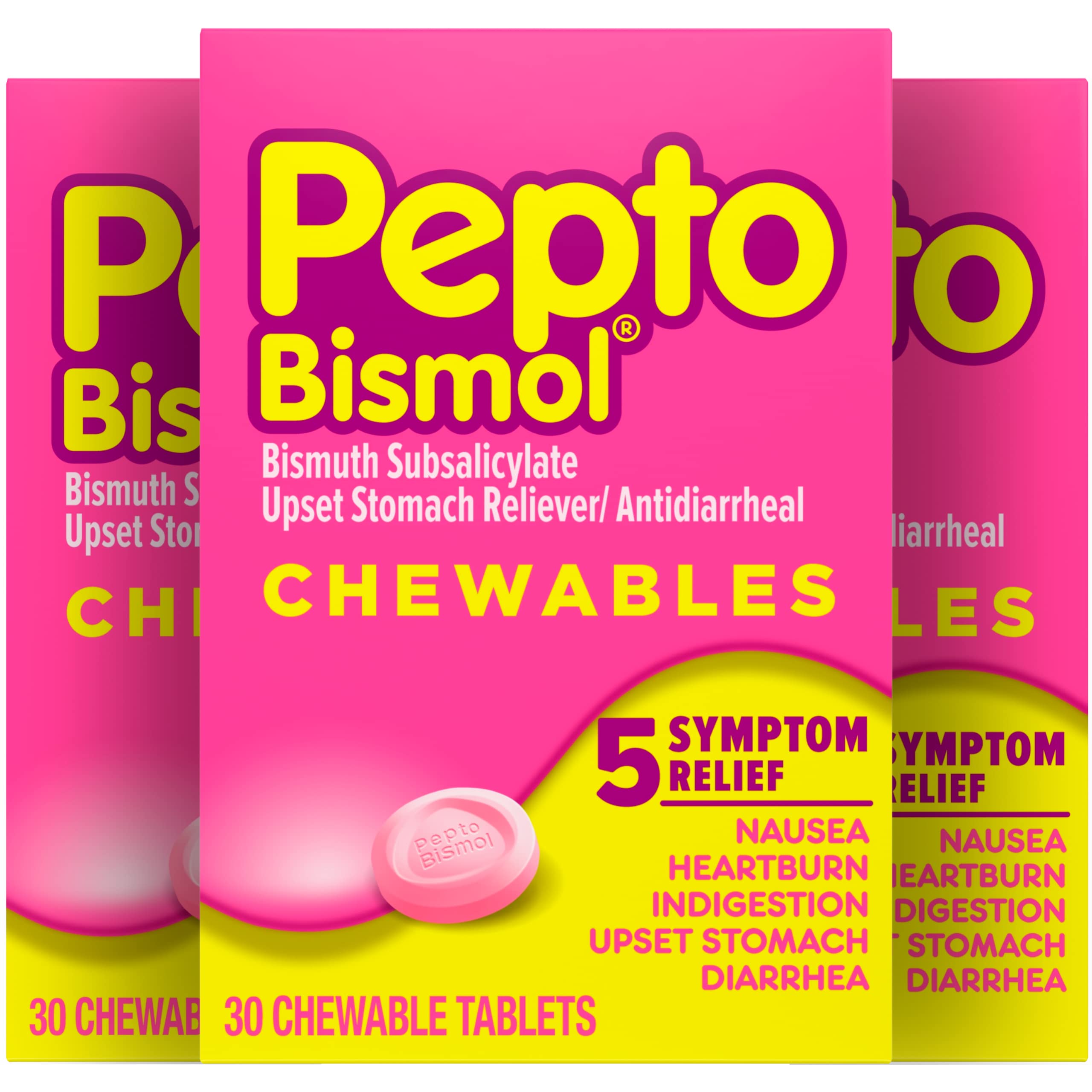 Pepto Bismol Chewable Tablets for Nausea, Heartburn, Indigestion, Upset Stomach, and Diarrhea Relief, Original Flavor