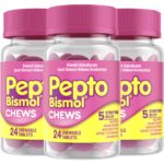 Pepto Bismol Chews, Fast and Effective Digestive Relief from Nausea, Heartburn, Indigestion, Upset Stomach, Diarrhea, 24 Chewable Tablets