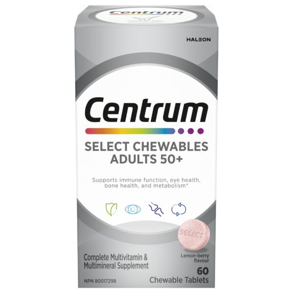 Centrum Adult Select Essentials Multivitamins for Men & Women 50 Plus, Chewables Multivitamins/Minerals Supplement, Lemon Berry Flavour, 60 Chewable Tablets